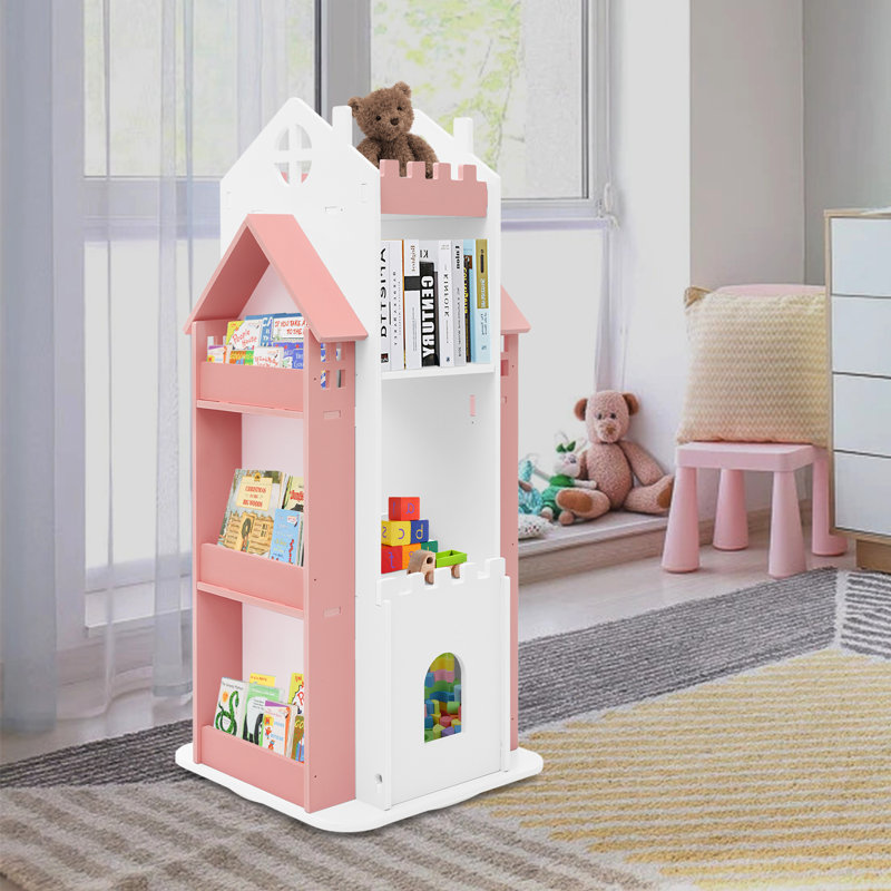 Book Display Shelf Rotating Children's Bookshelf Free Standing Standing Bookshelf, Pink/White