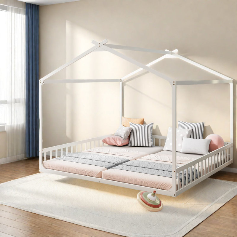 Lits jumeaux en forme de maison, structure en pin, blanc moderne, chambre partagée pour enfants, Blanc