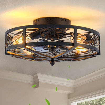 Ventilateur de plafond à cage surbaissé de 20 pouces avec lumière, fini noir mat avec pales invisibles en acrylique transparent, plafonnier encastré industriel de ferme, moteur réversible à 6 vitesses, télécommande, base d'ampoule E26 (ampoules non incluses), pour la cuisine du salon de la chambre à coucher