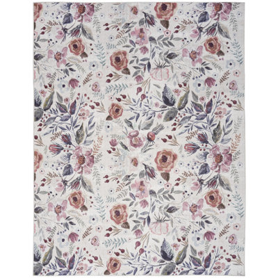 6' X 9' Ivory Pink And Green Floral Power Loom Washable Non Skid Area Rug