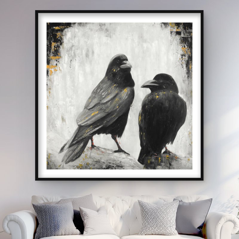 Deux oiseaux corbeaux - reproduction encadrée hyperréaliste pour la décoration intérieure, H 48 po x l 48 po, Noir