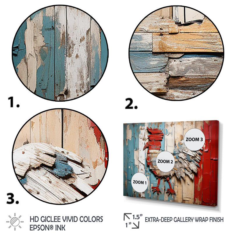 Coq rustique en bois Peck I - Art mural de poulet pour le salon, Cadre flottant doré, H 12 po x l 20 po x P 1 po