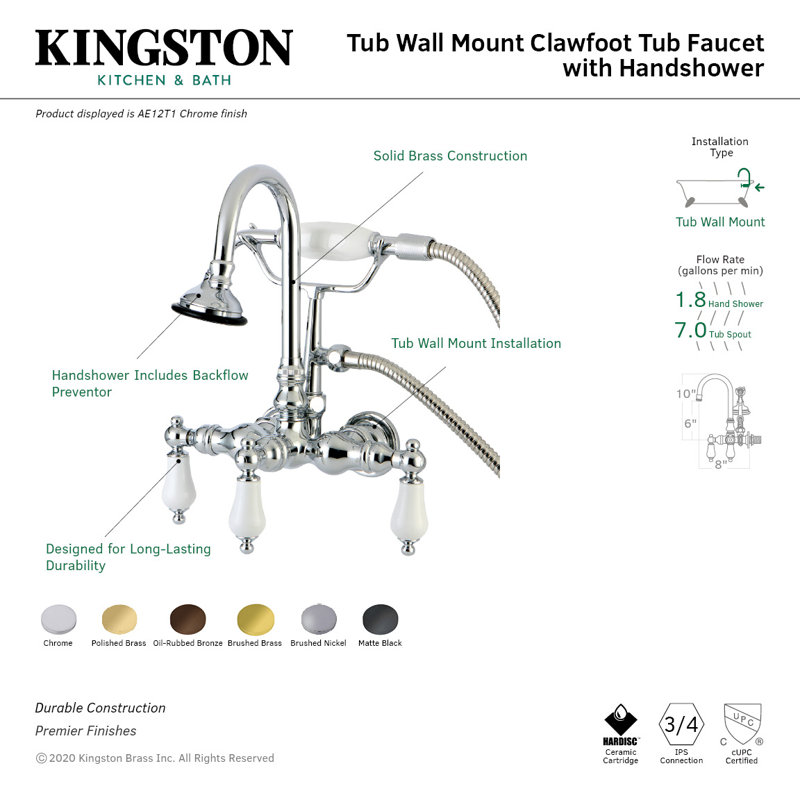 Kingston Brass Aqua Vintage Three-Handle 2-Hole Tub Wall Mount Clawfoot Tub Faucet with Hand Shower, Oil Rubbed Bronze
