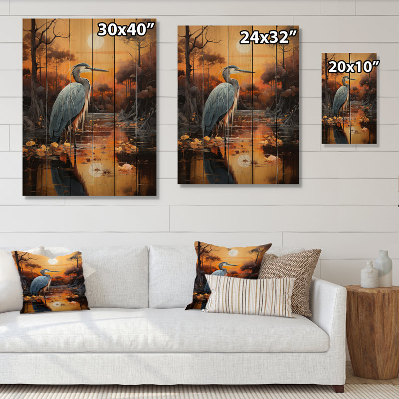 Heron Silent Waters Pointillism II - impression sur bois sans cadre, H 20 po x l 10 po x P 0,78 po
