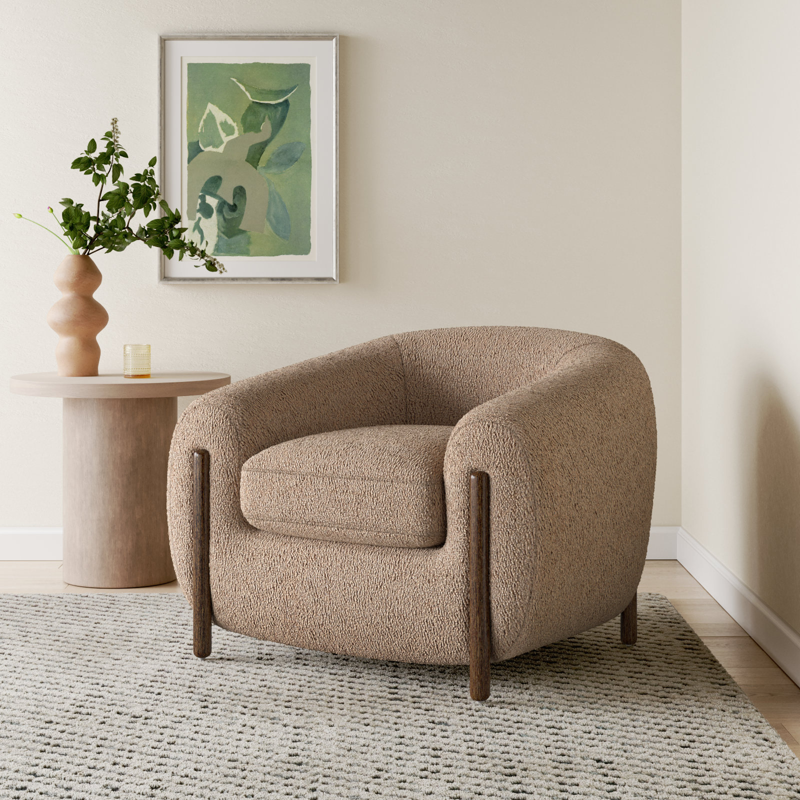 Amaryllis Barrel Chair, Sheepskin Camel Sherpa