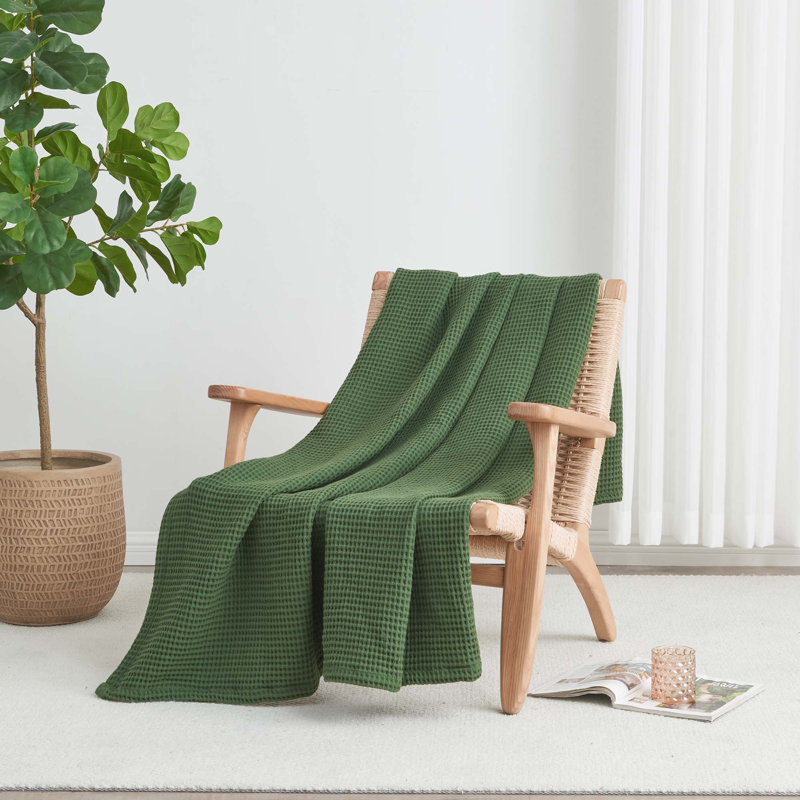 Couverture 100% coton tissé gaufré, Simple, Vert forêt
