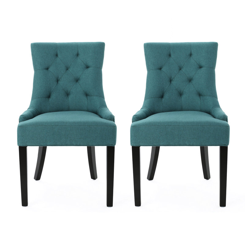 2 chaises de salle à manger - Style contemporain, surpiqûres en losange, accoudoirs inclinés, revêtement, pieds en bois, bleu sarcelle. 2 chaises au design contemporain avec dossier, revêtement en tissu, coloris uni.