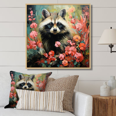 Black And Pink Raccoon Flower  II - Raccoon Animal Wall Art