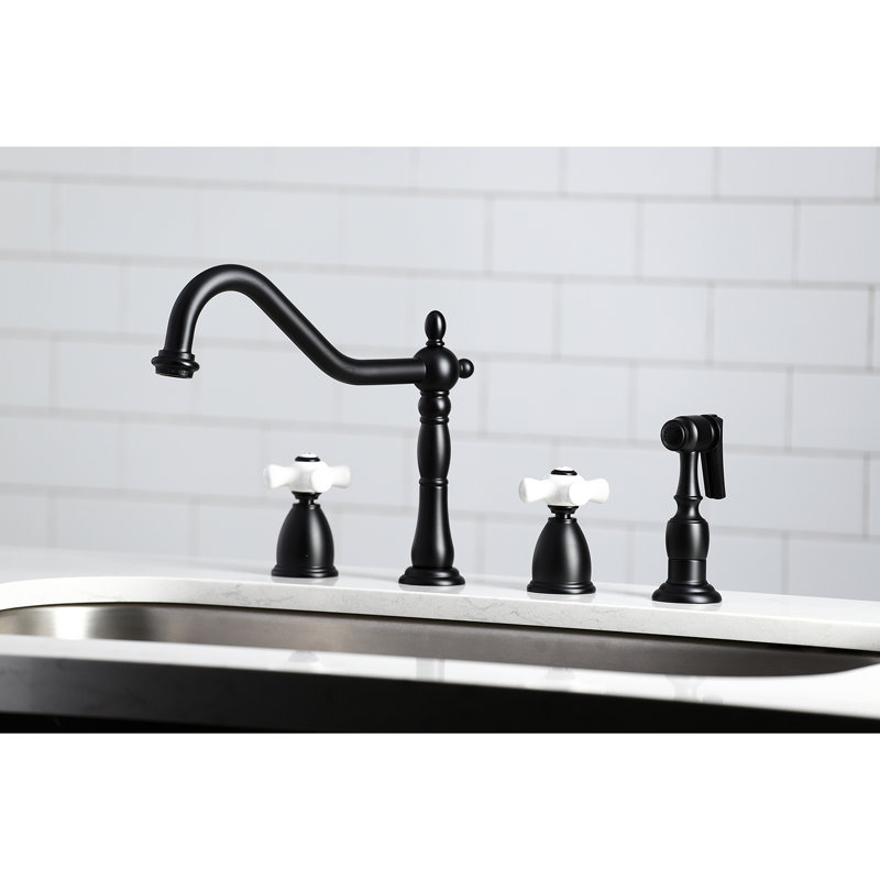 Kingston Brass Heritage Double-Handle Widespread Kitchen Faucet, With Side Spray, Matte Black