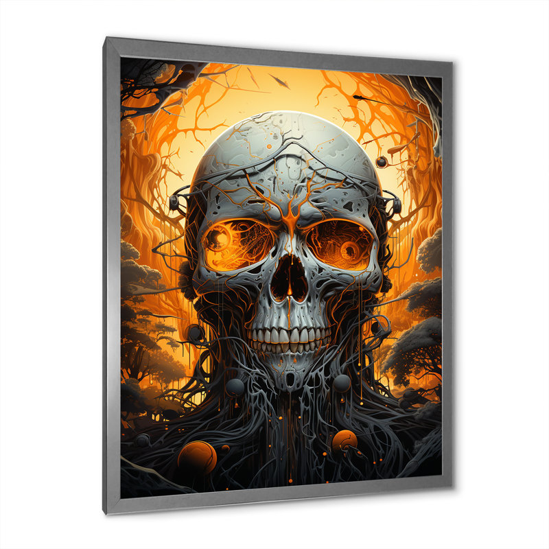 Tête de mort souriante pleine lune d'Halloween - impression, Cadre simple argenté, H 32 po x l 16 po x P 1 po
