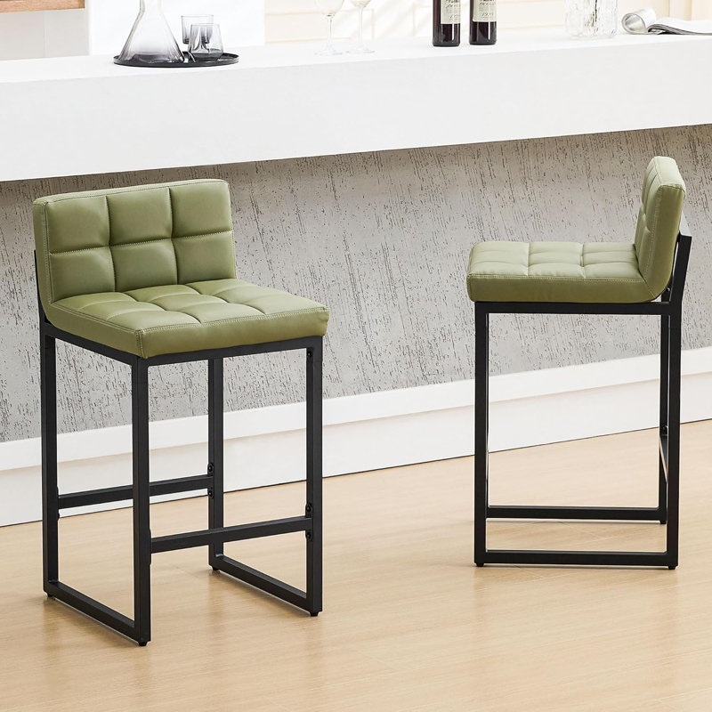 Tabouret de comptoir rembourré à dossier bas avec structure en métal épaissie pour îlot de cuisine, 2, Vert