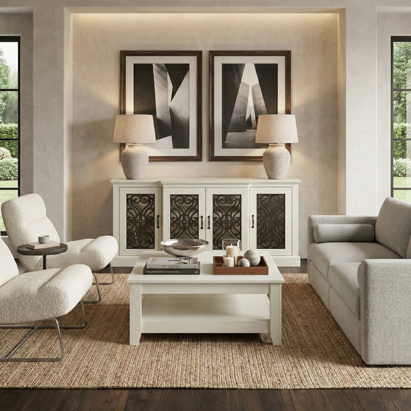 Weddel Basilico 2 Piece Modern Sideboard and Coffee Table Living Room Set, Ivory, Ivory