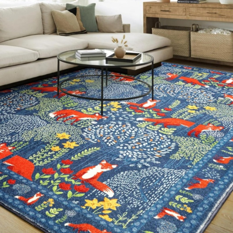 Woodland Fox Rug 5' x 7' for Kids Room, Blue Orange