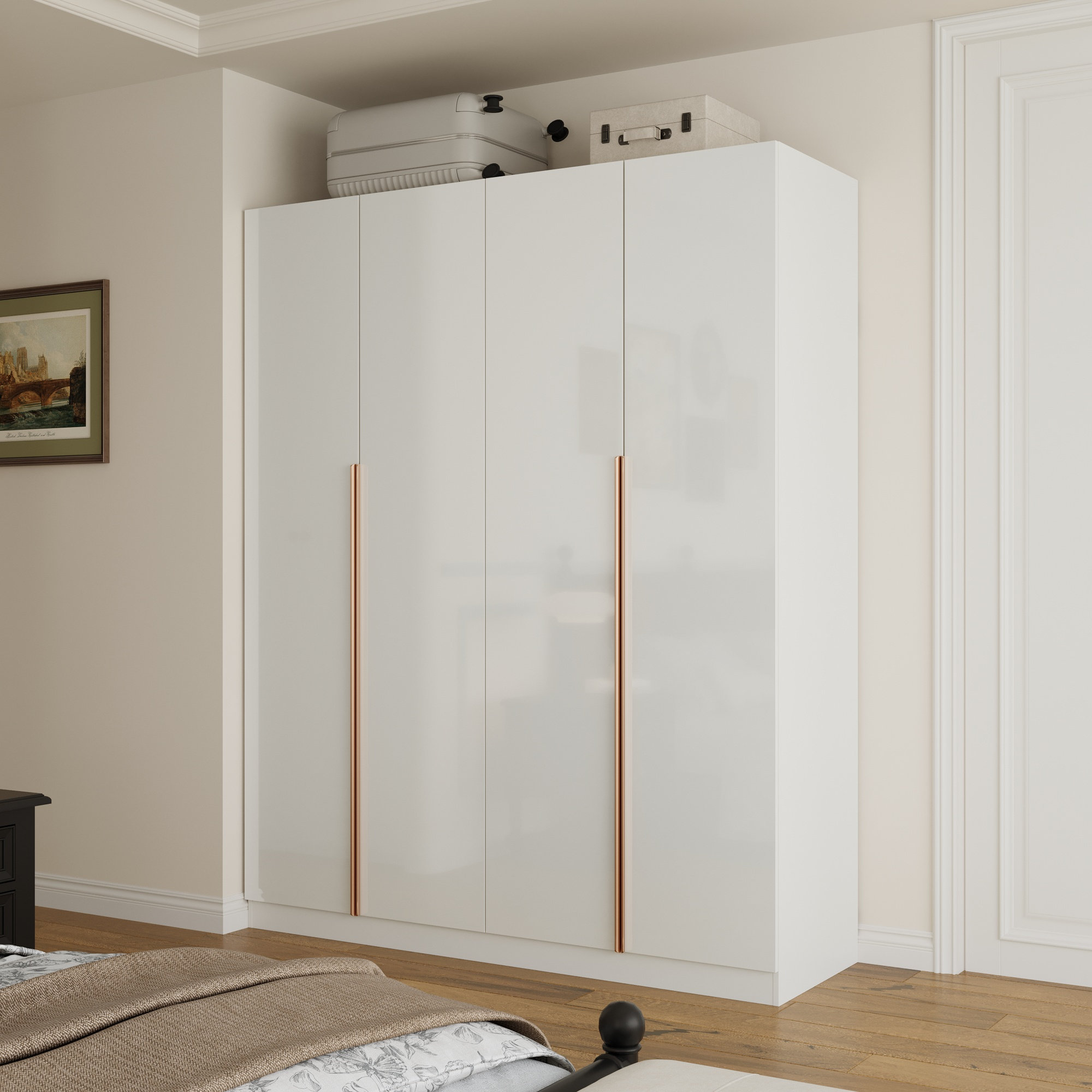 Latitude Run® Modern High-Gloss 4-Door Wardrobe With Gold Handles ...