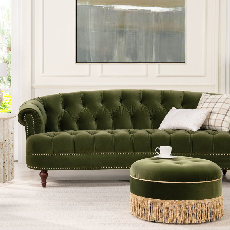 Joannes Velvet Rolled Arm Chesterfield, Olive Green, 32" H x 83.5" W x 38" D