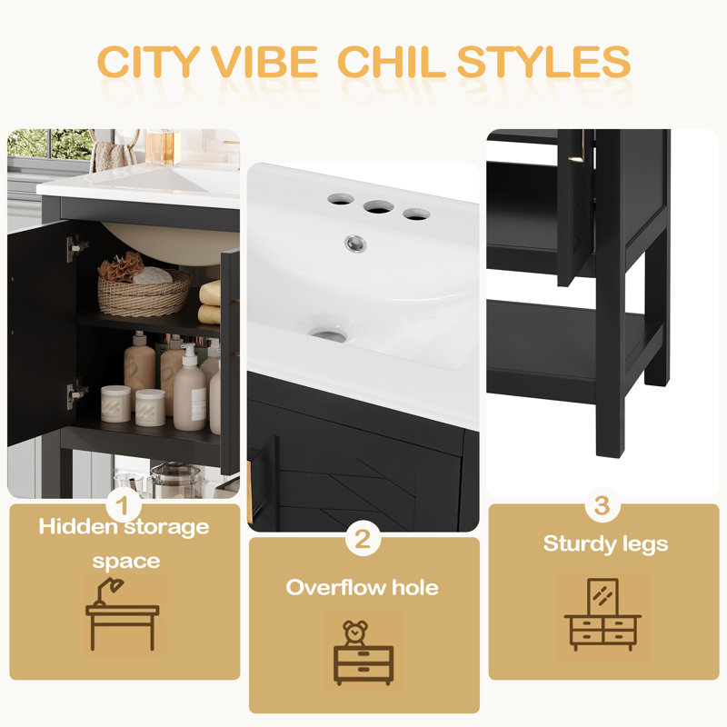 Meuble-lavabo moderne de 24 po au design sergé élégant avec charnières à fermeture en douceur, armoire de salle de bain avec structure ouverte au dos, tablette réglable