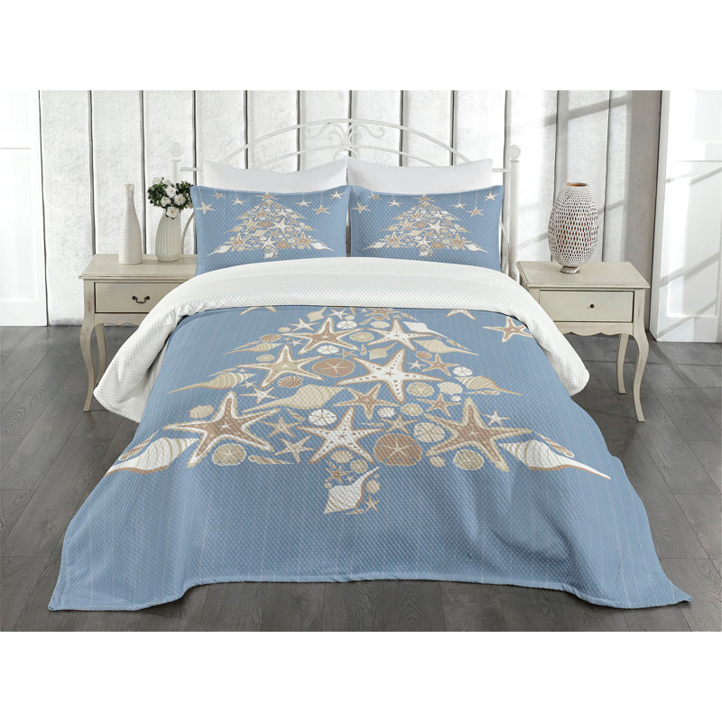 Queen Size White and Blue Polyester Nautical Bedspread Set