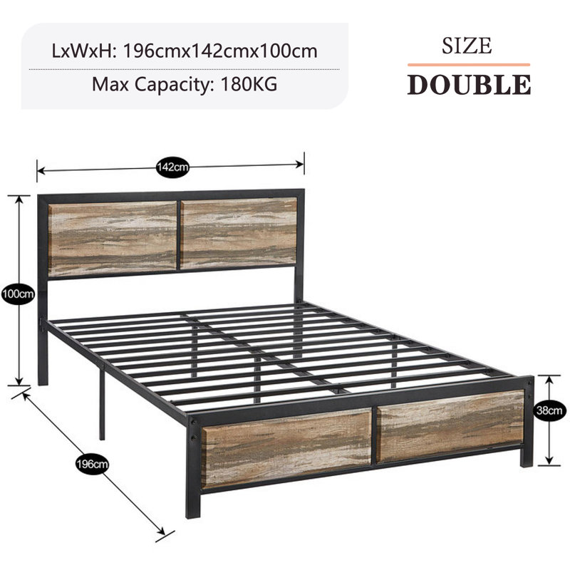 Single/Double Size Bed Frame with Wood Headboard and Footboard, Metal Platform Mattress Foundation with Strong Steel Slats, No Box Spring Needed