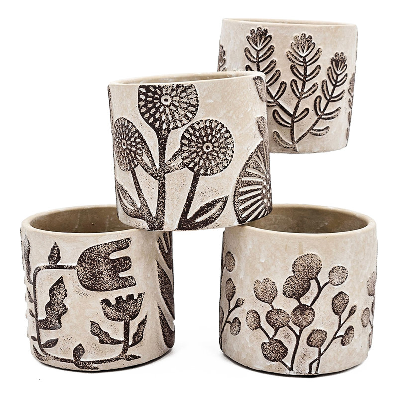 4 Gray Sand And Cement Planters, Brown Botanical Patterns, Bohemian Room Decor Planter , Traits, Interior