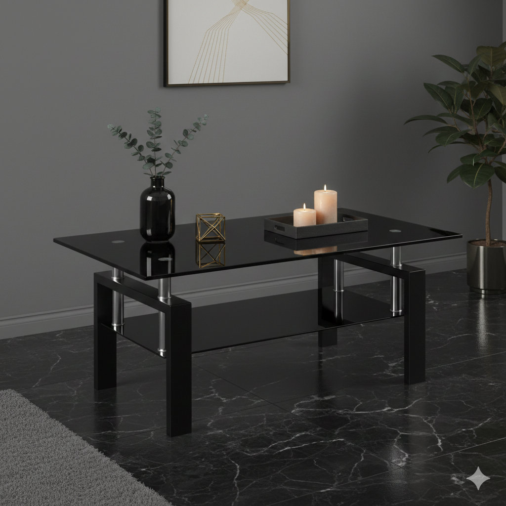 Wrought Studio Two-Tier Tea Table With A Tempered Black Glass Surface ...