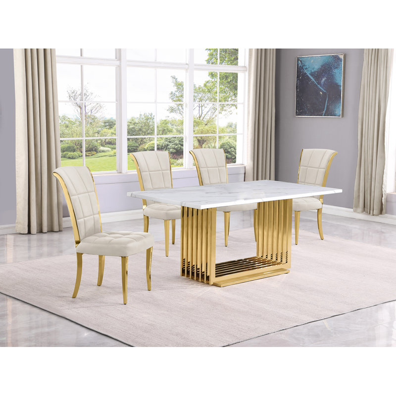 Kernisha Marble Top Pedestal Dining Set, 5, Cream/Gold, Gold