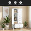 Armoire de rangement haute et large avec portes pour salle de bain / bureau / salon / intérieur, quatre tiroirs de différentes tailles, tablettes réglables, blanc