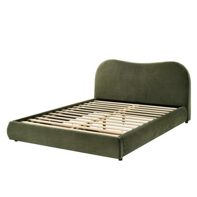 Olive Boucle And Velvet Queen Bed, Curved Headboard, Storage Drawer, Modern Bedroom Decor