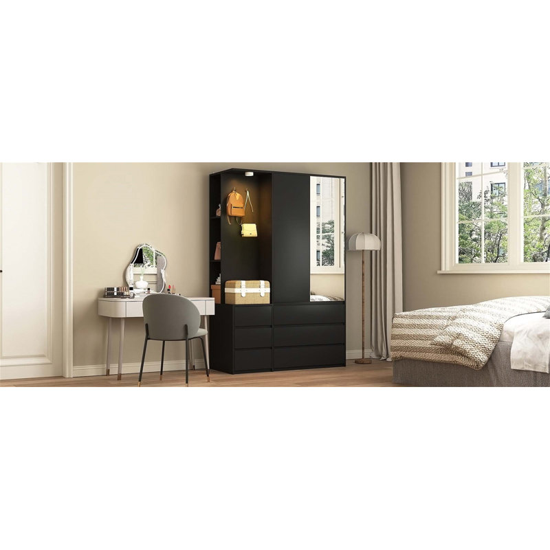Armoire spacieuse à 3 portes en bois avec 2 tiroirs, tablettes de rangement et rail suspendu pour le rangement de la chambre à coucher organisée