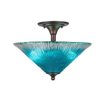 Semi-Flush, 2 Bulbs Shown In Bronze Finish With 16″ Teal Crystal Glass