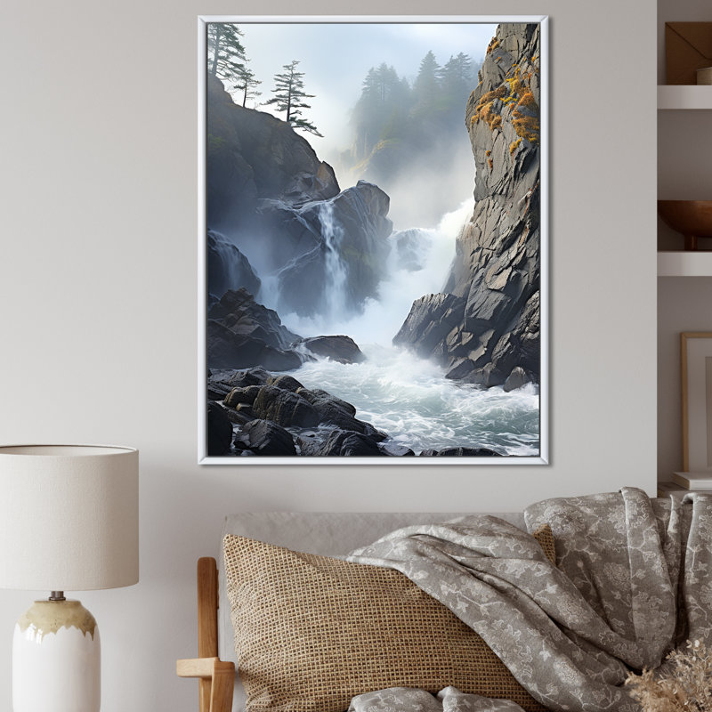 «Watefall Into Canadian Forest - Forest and River», art mural, Cadre flottant blanc, H 40 po x l 30 po x P 1,5 po