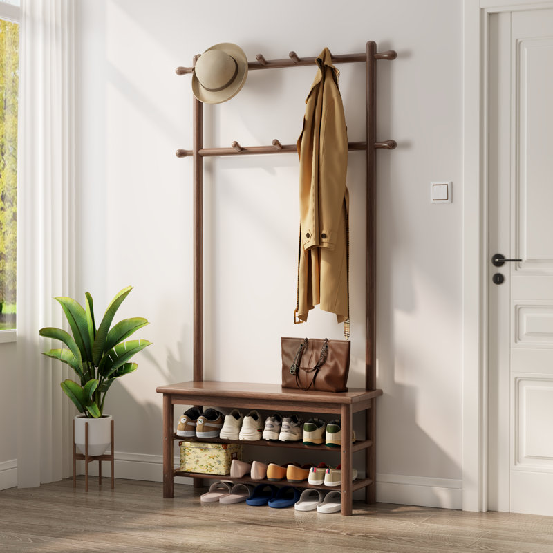 Solid Wood Hall Tree with Bench and Shoe Storage, Entryway Organizer with 11 Hooks and Two-Tier Shoe Rack for Mudroom or Hallway