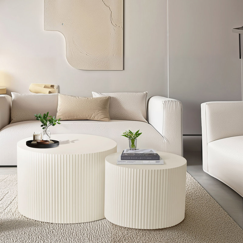 Beige Wood Wave Stripe Nesting Coffee Table Set