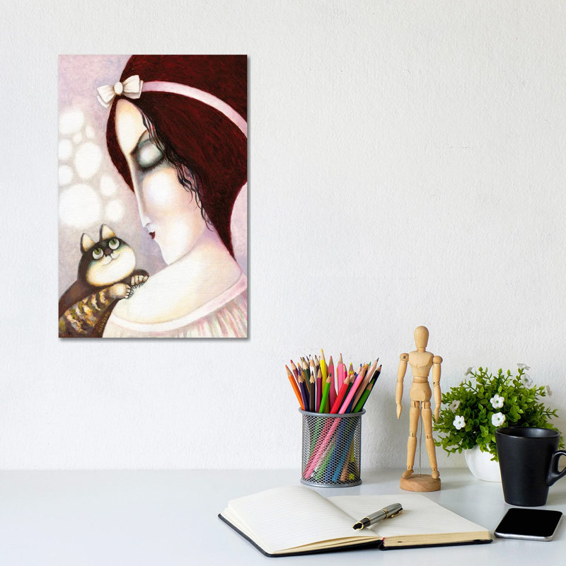 Woman With A Pink Bow On Her Head And A Cat by Art Mirano - Wrapped Canvas Painting, 20.32 cm H x 30.48 cm W