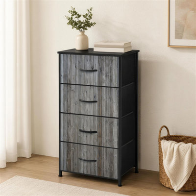 Commode à 4 tiroirs pour chambre à coucher Grange grise, planche de bois et bois franc, bois vieilli foncé