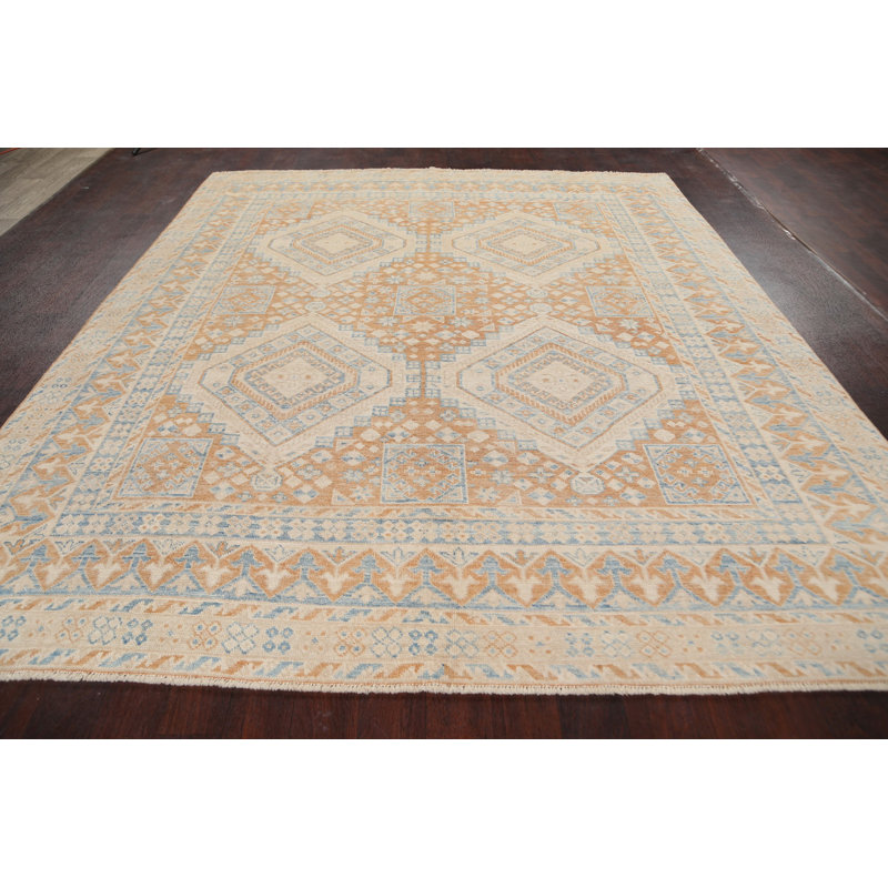 Tapis décoratif en laine de conception unique noué à la main New Age Oushak beige/bleu 8 pi 5 po x 10 pi