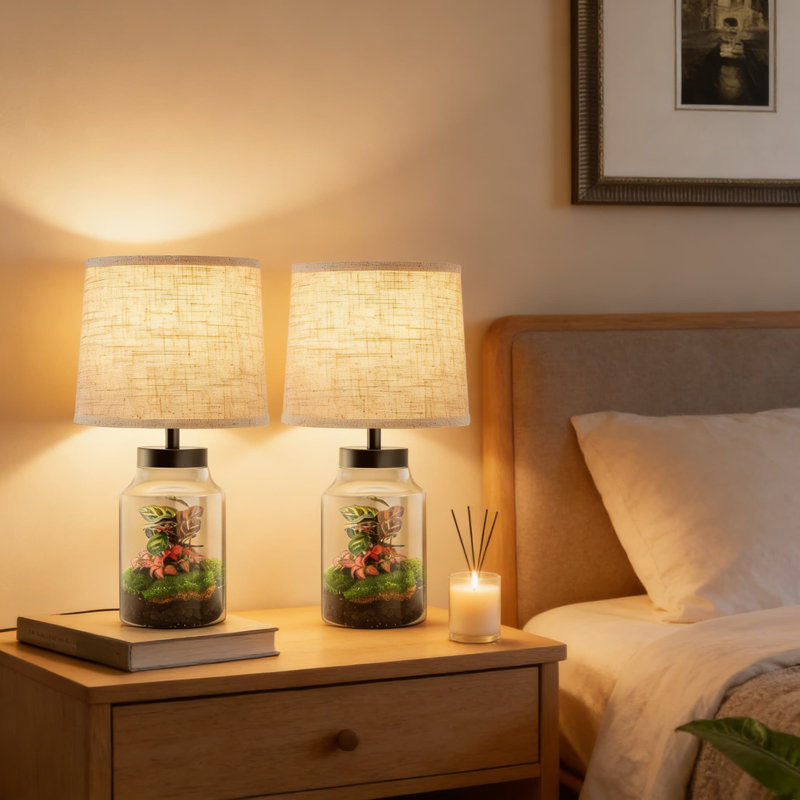 Fillable Glass Table Lamp Set Of 2 With LED Bulbs, Customizable Clear Nightstand Lamps For Living Room, Bedroom, And Office Decor