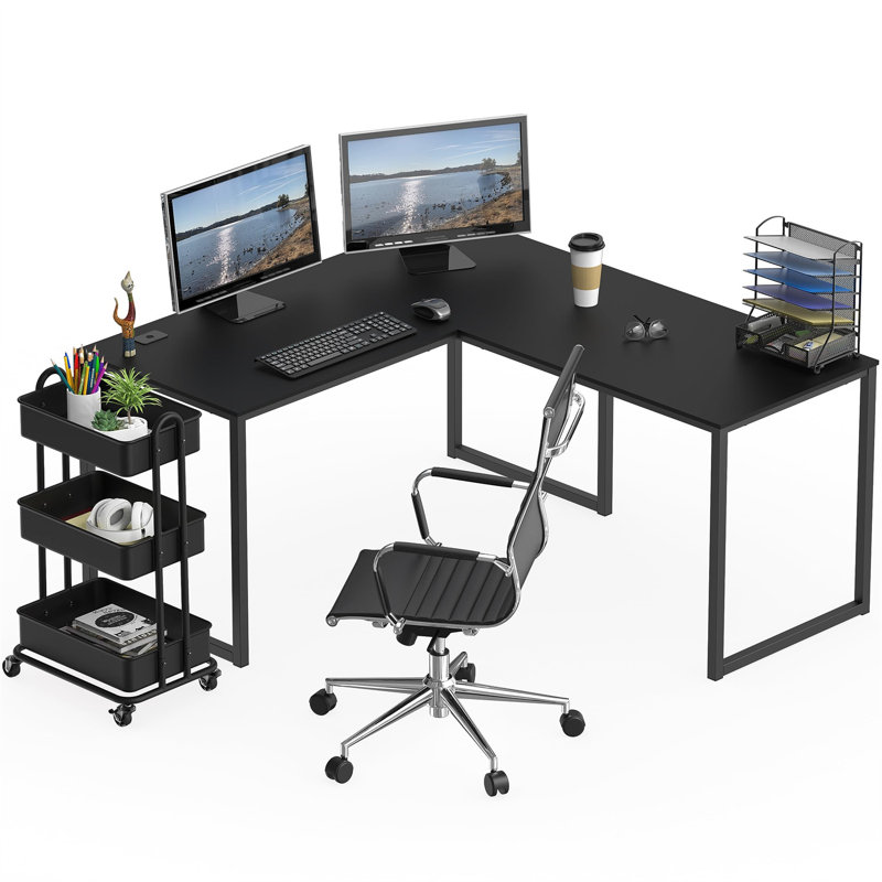 Cleao L-Shaped Metal Base Computer Desk, Black