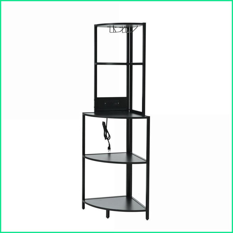 5 Tier Corner Bookshelf with LED Light, USB Plug &amp; Glass Holder | Metal + MDF | Black