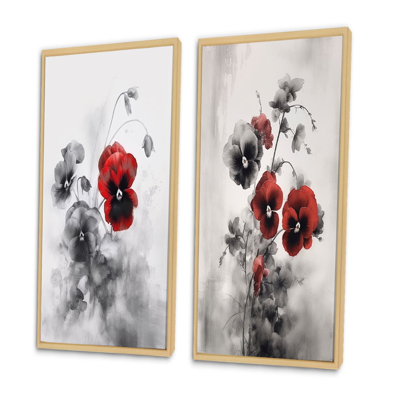 «Red and Grey Minimalisme Pansies», 2 pièces sur toile, H 32 po x l 32 po, Encadrement brun