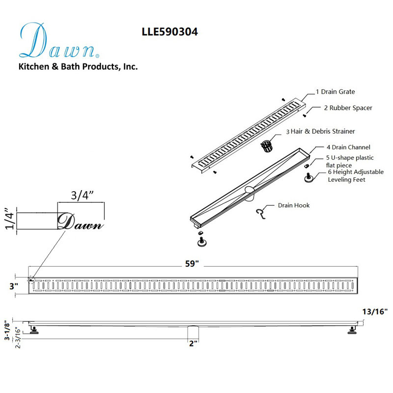 Loire River Series 59 Inch Long Stainless Steel Linear Floor Shower Drain