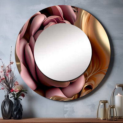 Serica rose et doré Glam Flowers II - grand miroir mural floral, miroir décoratif rond traditionnel, impression d'art en métal