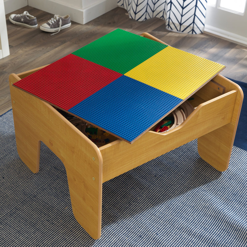 2-in-1 Wooden Activity Table with Board, Train Set and 195 Bricks, Natural