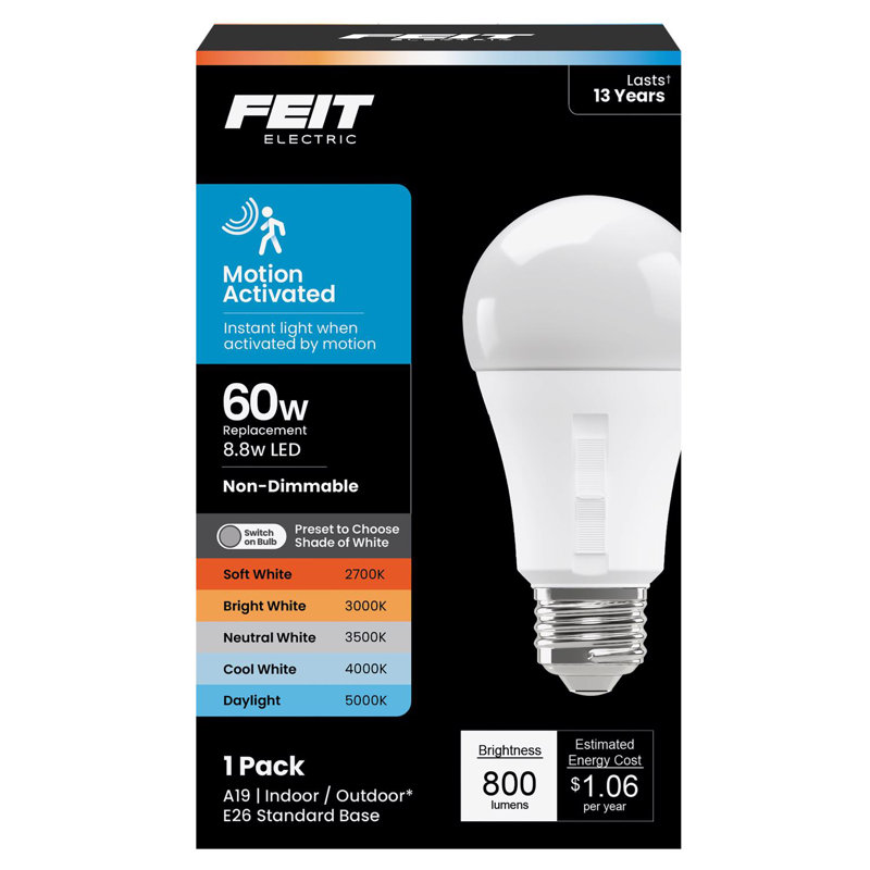 Ampoule à DEL Feit A19 E26 (moyenne) à intensité variable, réglable, blanc, 60 watts, paquet de 1, 8,8 W