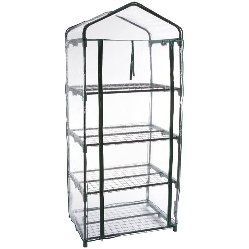 Compact 5' Green Mini Greenhouse with Roll-Up Door and Mesh Shelves