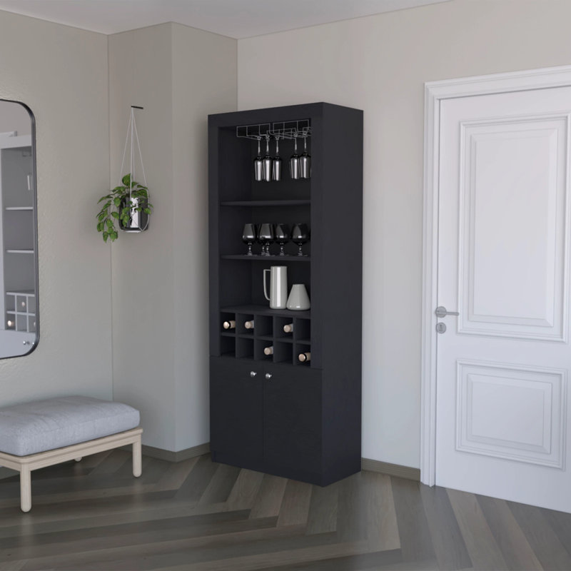 Bar avec rangement pour bouteilles de vin et trois tablettes, Noir, noir, noir, noir