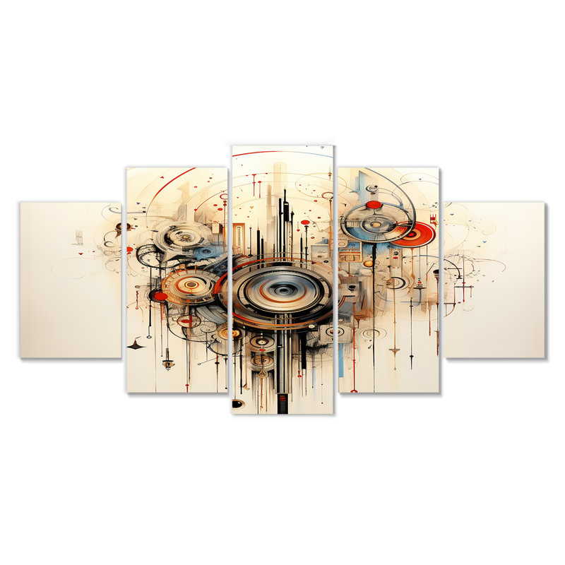 «Music Waves Retro Abstract Composition II - Abstract Shapes», art mural pour le salon, 5 pièces, H 32 po x l 60 po
