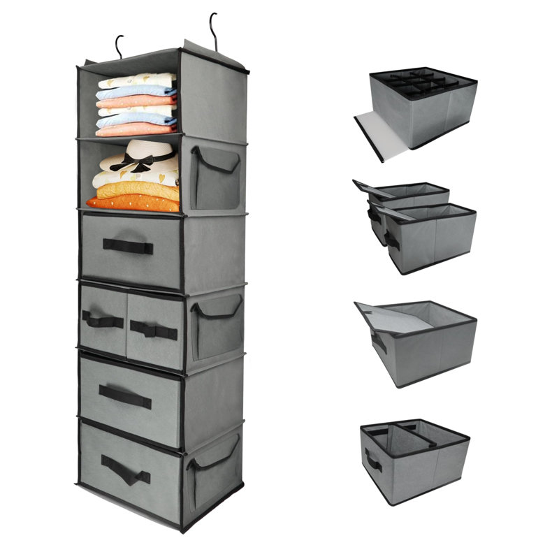 6-Tier Thick Fabric Hanging Wardrobe Organiser | Durable Clothes Storage Unit with 5 Drawers & 3 Side Pockets, Space-Saving Design for Small Spaces, Wardrobes, Bedrooms, Dorms & Caravans