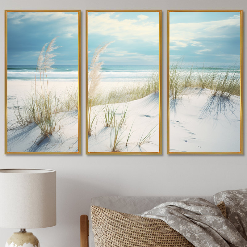 «Ocean Breeze Of Serenity Beach Grass By The Ocean», ensemble d'art mural sable de plage côtière, Cadre flottant doré