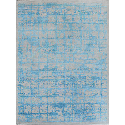 Tapis argenté et turquoise noué à la main de haute qualité
