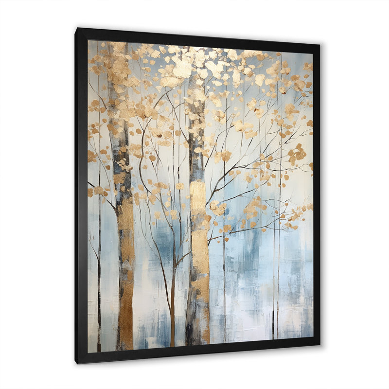 Or et bleu, arbres au trésor, paysage II - art mural arbres, H 20 po x l 12 po x P 1 po, Cadre simple noir